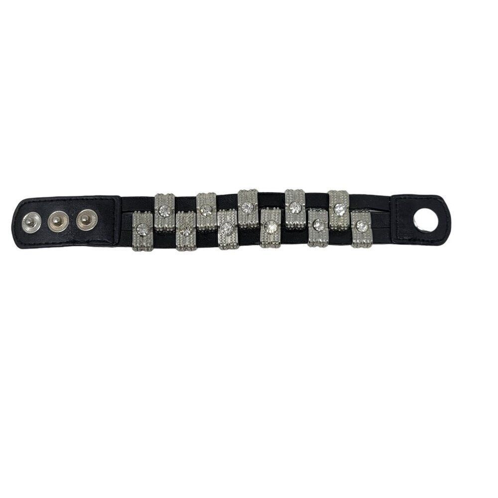 Steampunk Wide Black Leather Bracelet Checker Studded Rhinestone Streetwear‎ - Picture 5 of 8